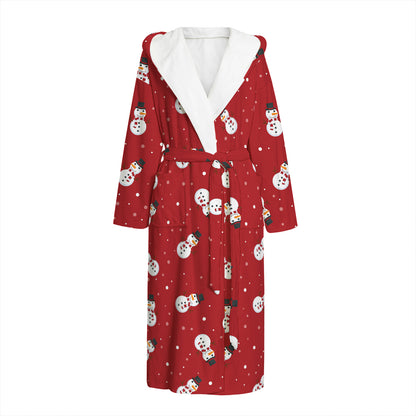 Red Snowman Pattern Print Hooded Bathrobe