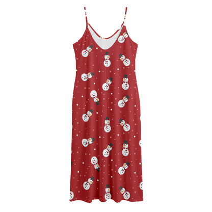 Red Snowman Pattern Print Jersey Midi Cami Dress
