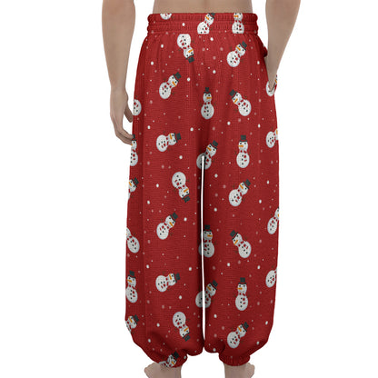 Red Snowman Pattern Print Lantern Pants