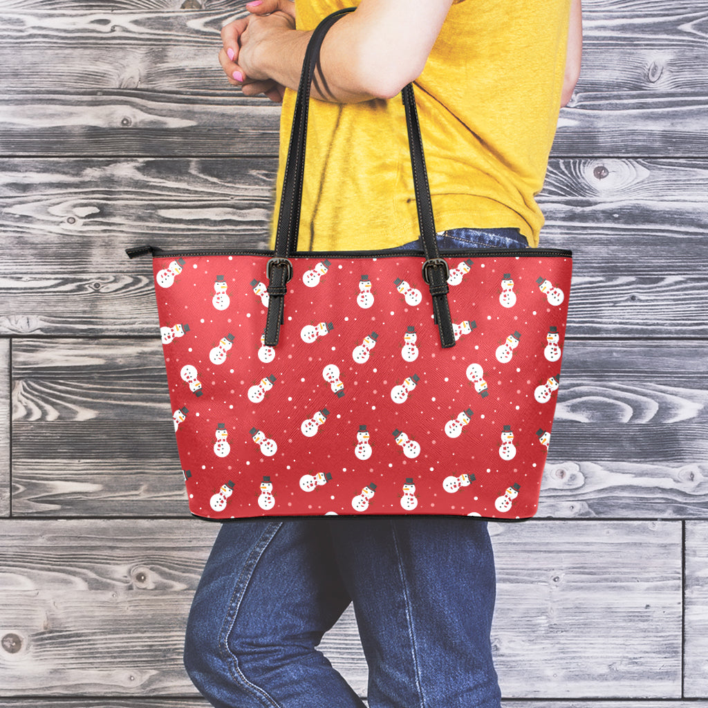 Red Snowman Pattern Print Leather Tote Bag