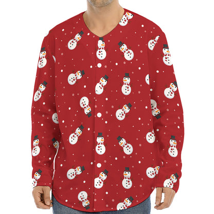 Red Snowman Pattern Print Long Sleeve Baseball Jersey