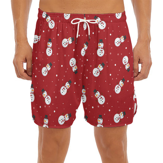 Red Snowman Pattern Print Men's Split Running Shorts