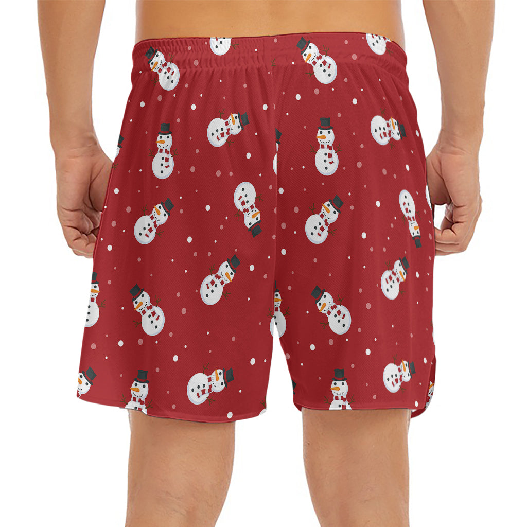 Red Snowman Pattern Print Men's Split Running Shorts