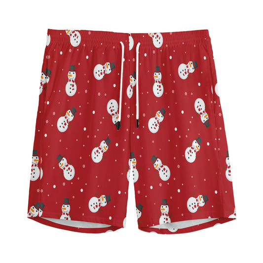 Red Snowman Pattern Print Men's Sports Shorts