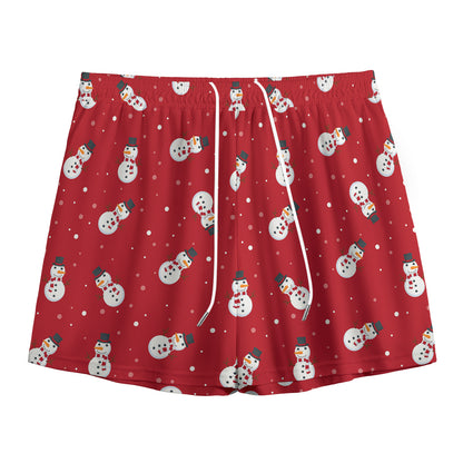 Red Snowman Pattern Print Mesh Shorts
