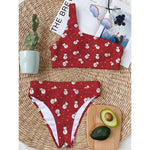 Red Snowman Pattern Print One Shoulder Bikini Top