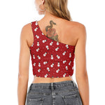 Red Snowman Pattern Print One Shoulder Crop Top