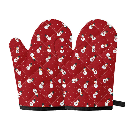 Red Snowman Pattern Print Oven Mitts