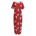 Red Snowman Pattern Print Short Sleeve Long Nightdress