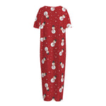 Red Snowman Pattern Print Short Sleeve Long Nightdress