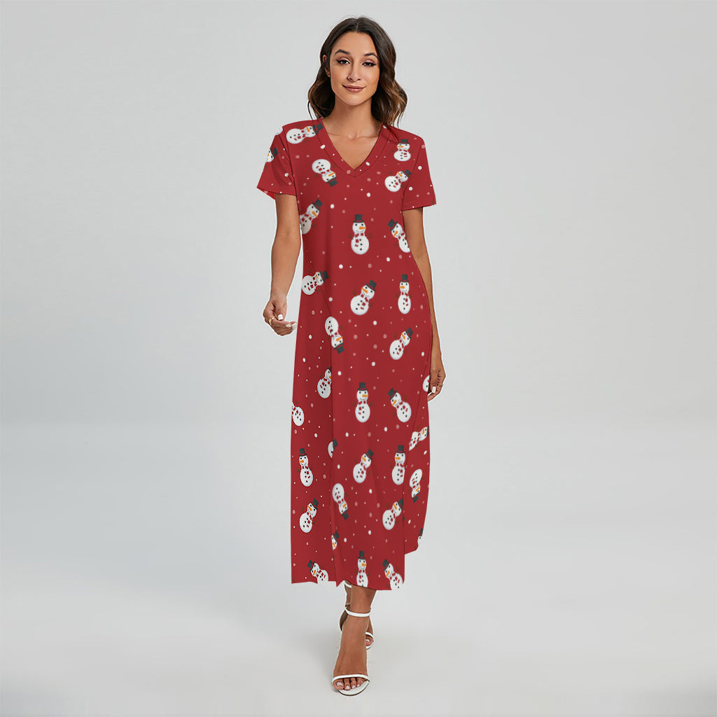 Red Snowman Pattern Print Short Sleeve Maxi Dress