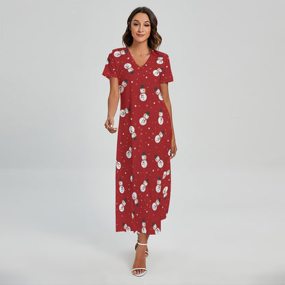 Red Snowman Pattern Print Short Sleeve Maxi Dress