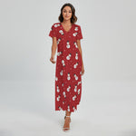 Red Snowman Pattern Print Short Sleeve Maxi Dress