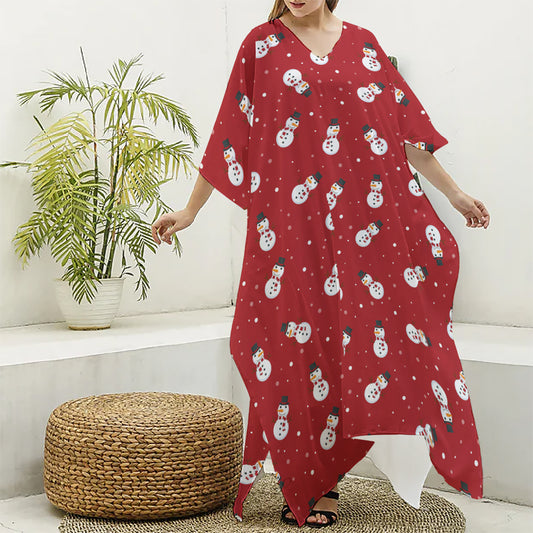 Red Snowman Pattern Print Silk V-Neck Kaftan Dress