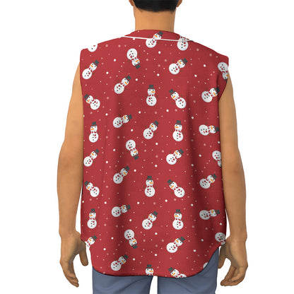 Red Snowman Pattern Print Sleeveless Baseball Jersey