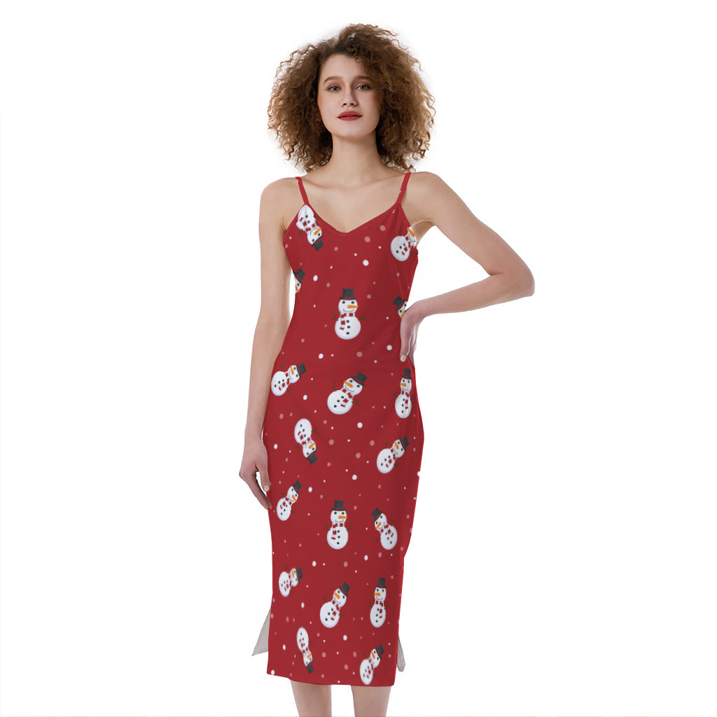 Red Snowman Pattern Print Slim Fit Midi Cami Dress