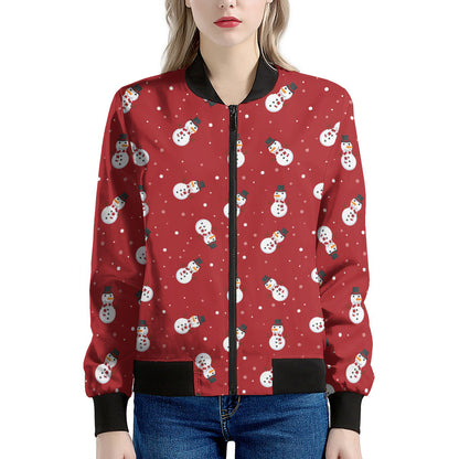 Red Snowman Pattern Print Women's Bomber Jacket