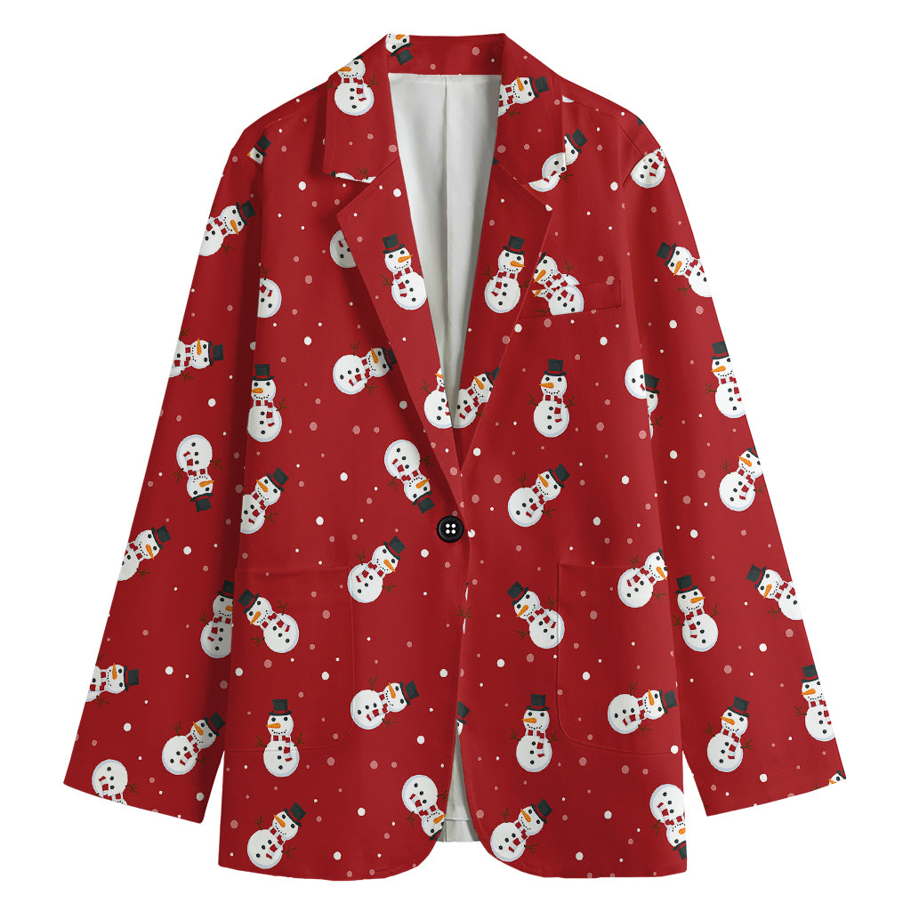 Red Snowman Pattern Print Women's Cotton Blazer