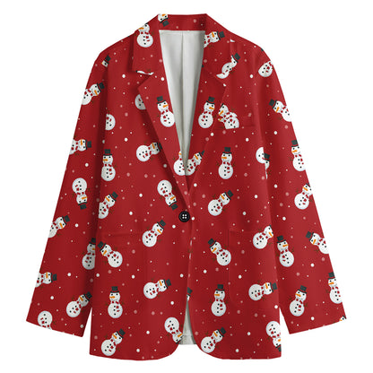 Red Snowman Pattern Print Women's Cotton Blazer