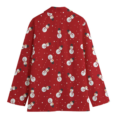 Red Snowman Pattern Print Women's Cotton Blazer