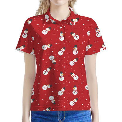 Red Snowman Pattern Print Women's Polo Shirt