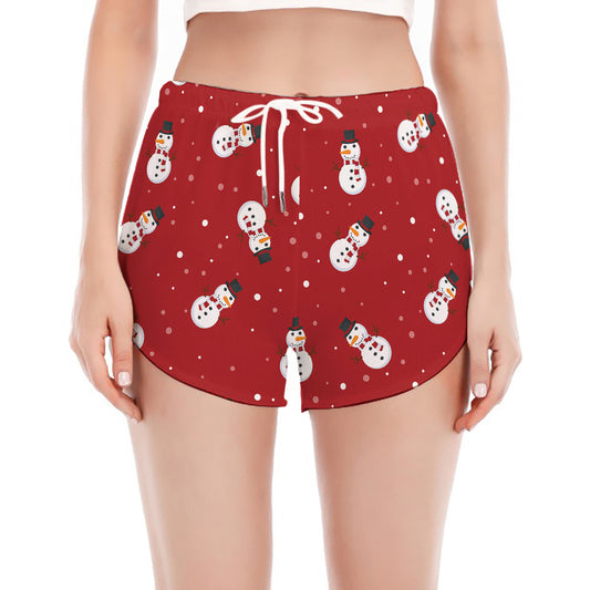 Red Snowman Pattern Print Women's Split Running Shorts