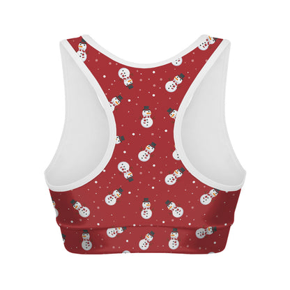 Red Snowman Pattern Print Women's Sports Bra