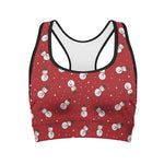 Red Snowman Pattern Print Women's Sports Bra