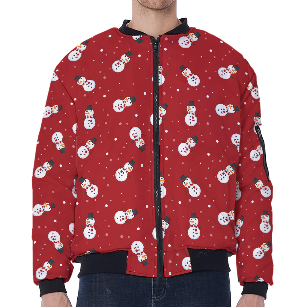 Red Snowman Pattern Print Zip Sleeve Bomber Jacket