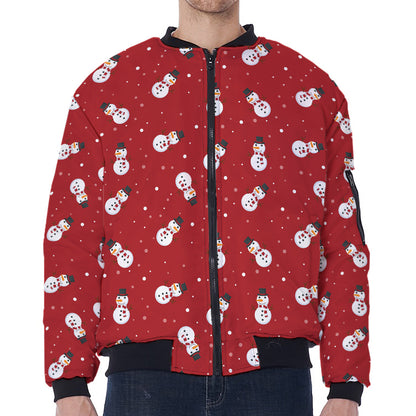 Red Snowman Pattern Print Zip Sleeve Bomber Jacket