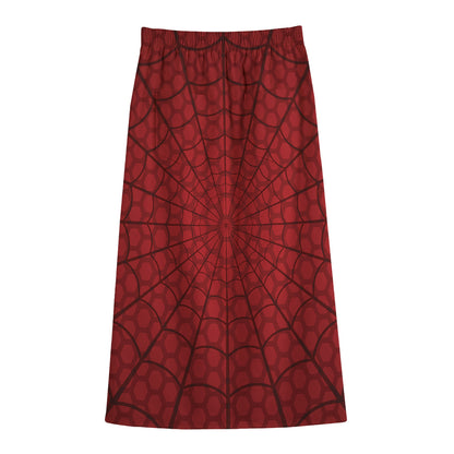 Red Spider Web Print Cotton Front Slit Maxi Skirt