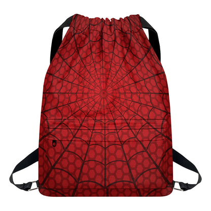 Red Spider Web Print Drawstring Backpack