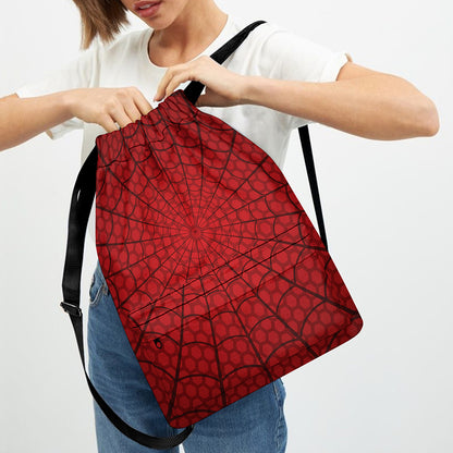 Red Spider Web Print Drawstring Backpack