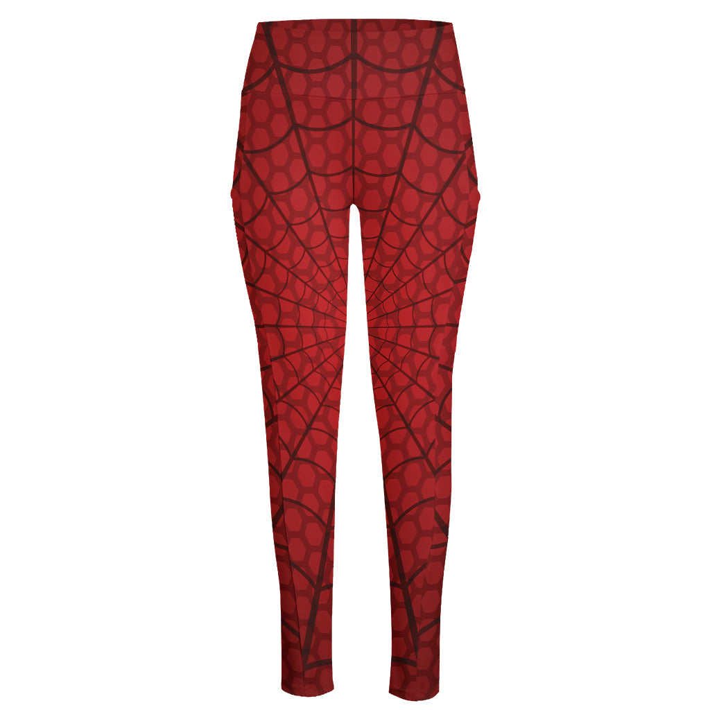 Red Spider Web Print High-Waisted Pocket Leggings