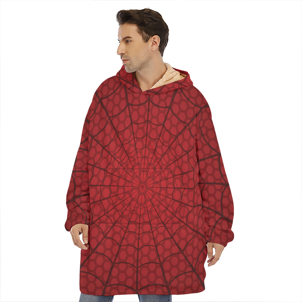 Red Spider Web Print Hoodie Blanket