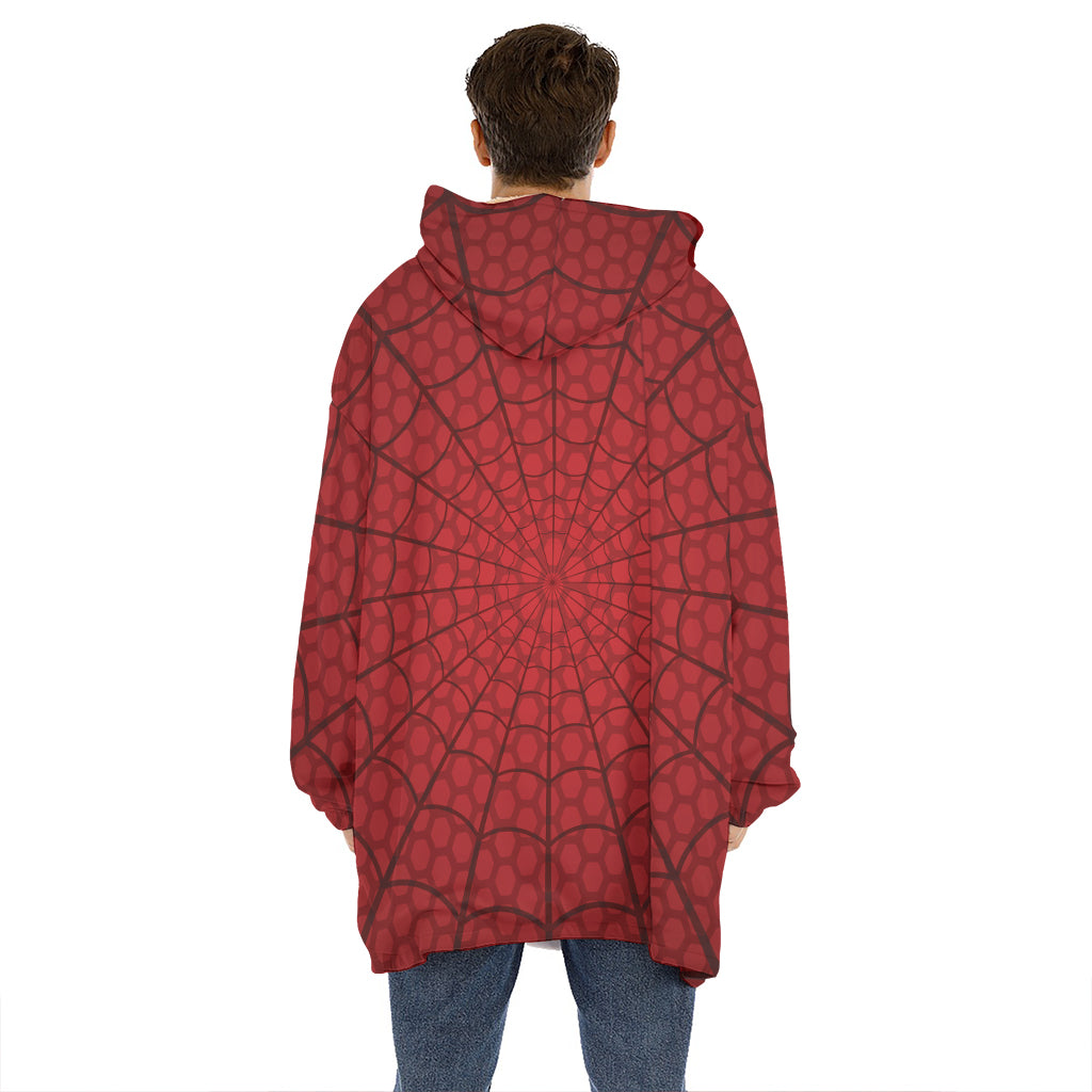 Red Spider Web Print Hoodie Blanket