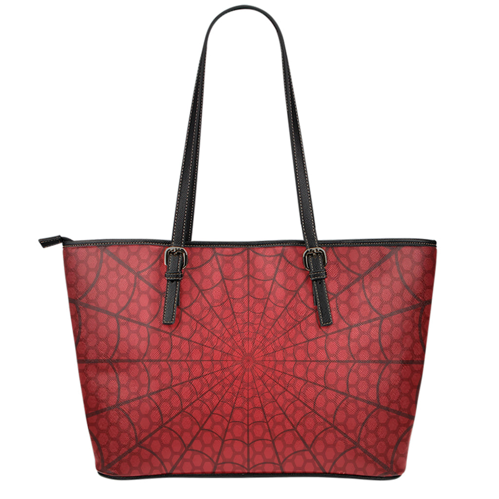 Red Spider Web Print Leather Tote Bag