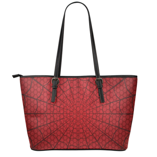 Red Spider Web Print Leather Tote Bag