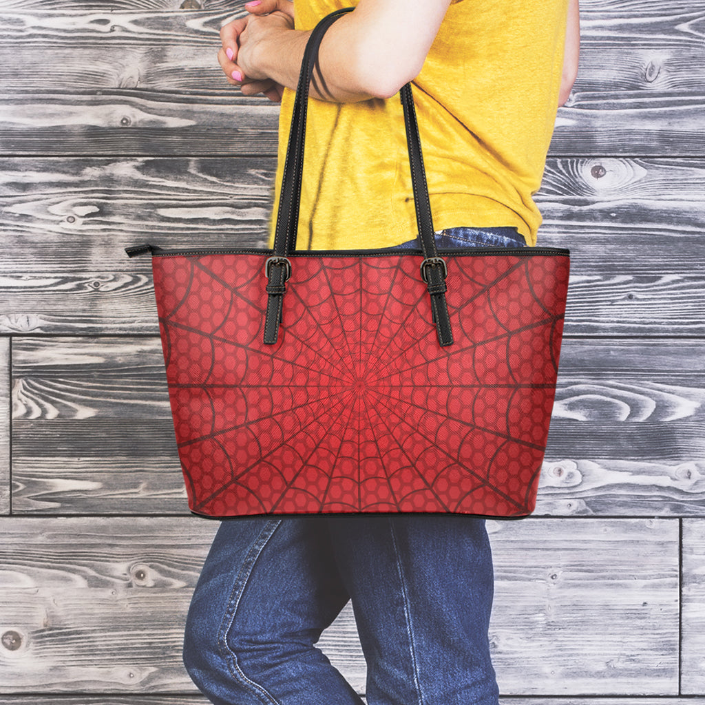 Red Spider Web Print Leather Tote Bag