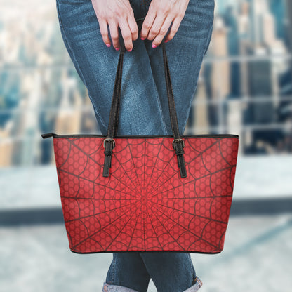 Red Spider Web Print Leather Tote Bag