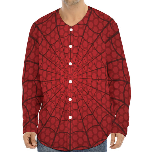 Red Spider Web Print Long Sleeve Baseball Jersey