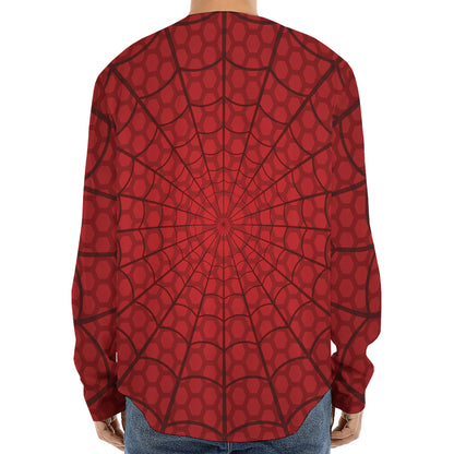 Red Spider Web Print Long Sleeve Baseball Jersey