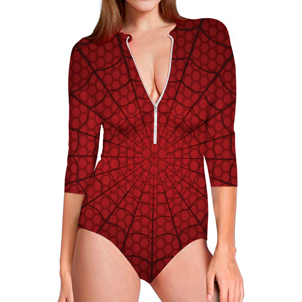 Red Spider Web Print Long Sleeve Swimsuit