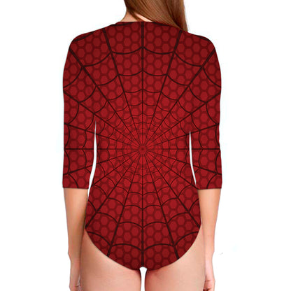 Red Spider Web Print Long Sleeve Swimsuit