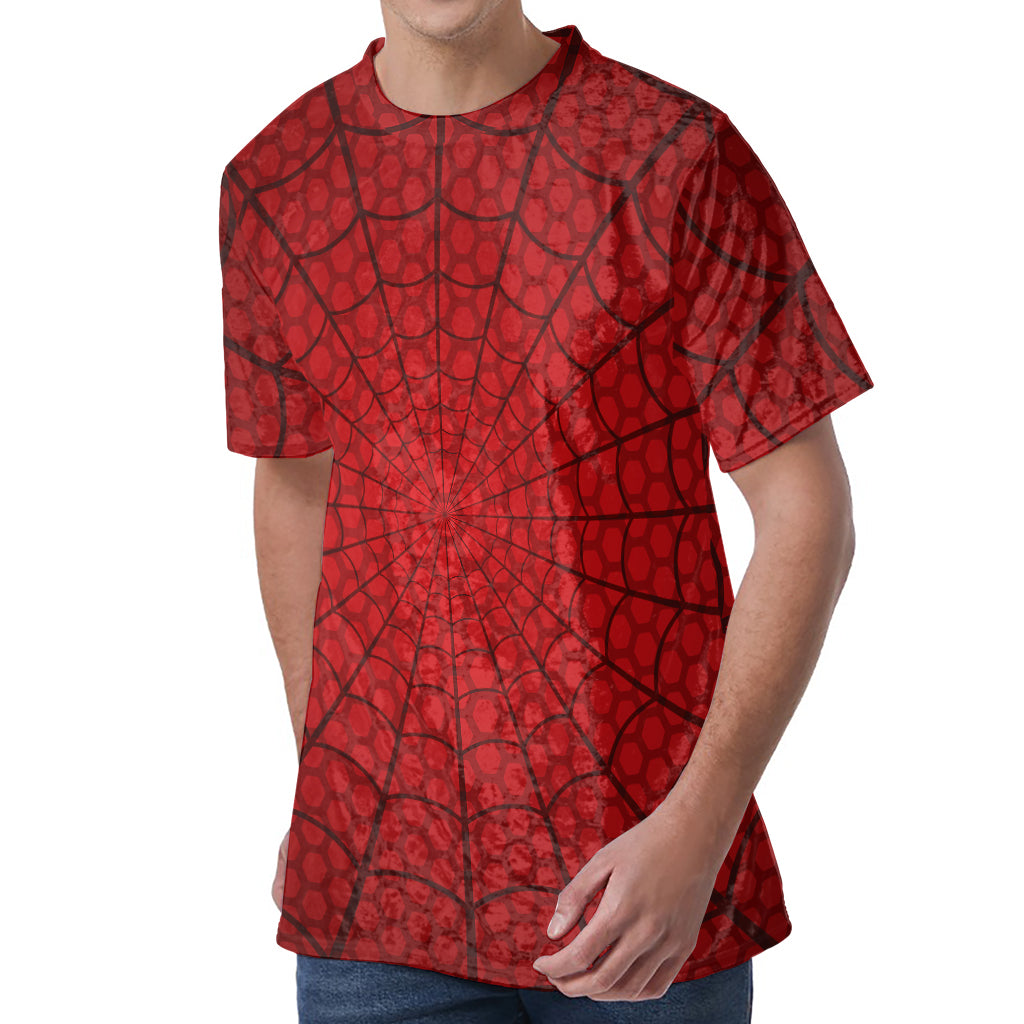 Red Spider Web Print Men's Velvet T-Shirt