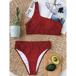 Red Spider Web Print One Shoulder Bikini Top