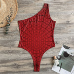 Red Spider Web Print One Shoulder Bodysuit