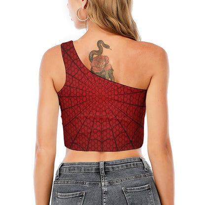 Red Spider Web Print One Shoulder Crop Top