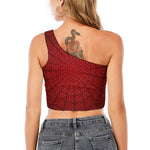 Red Spider Web Print One Shoulder Crop Top
