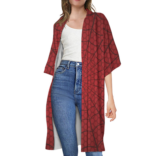 Red Spider Web Print Open Front Beach Cover Up